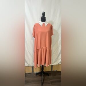 Chic Coral Midi Dress with White Lace Collar